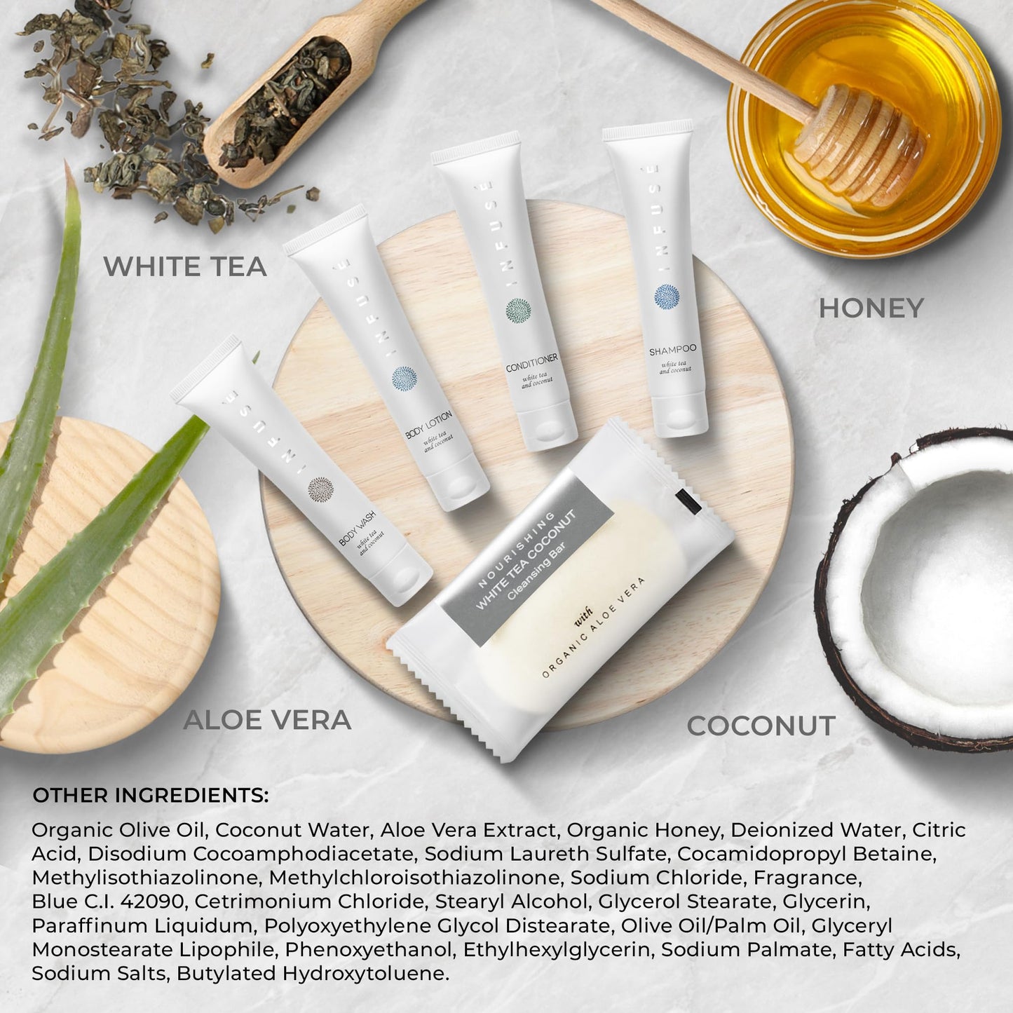 Infuse Pure White Tea and Coconut Hotel Soaps and Toiletries Bulk Set | 1-Shoppe All-In-Kit for Airbnb | 1oz Shampoo & Conditioner, Body Wash, Lotion & 1.25oz Bar Soap | Travel Size 300 Pieces