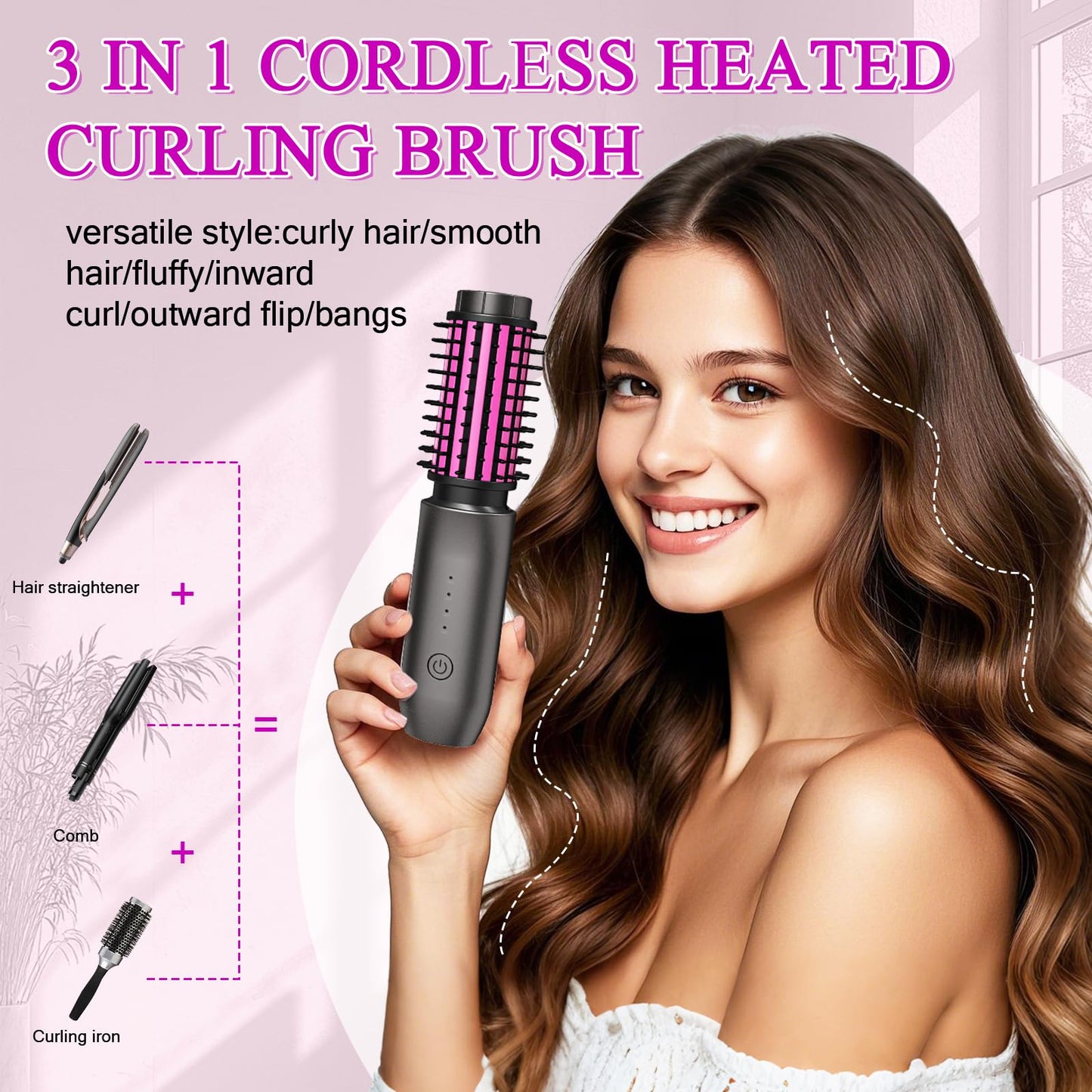 Mini Cordless Curling Iron Brush, Portable Hair Straightening Brush, Cordless Hair Curler Anti-Frizz with Negative Ions, 3-in-1 Crimper Hair Tool, Rechargeable Wave Curling Wand - Night Purple