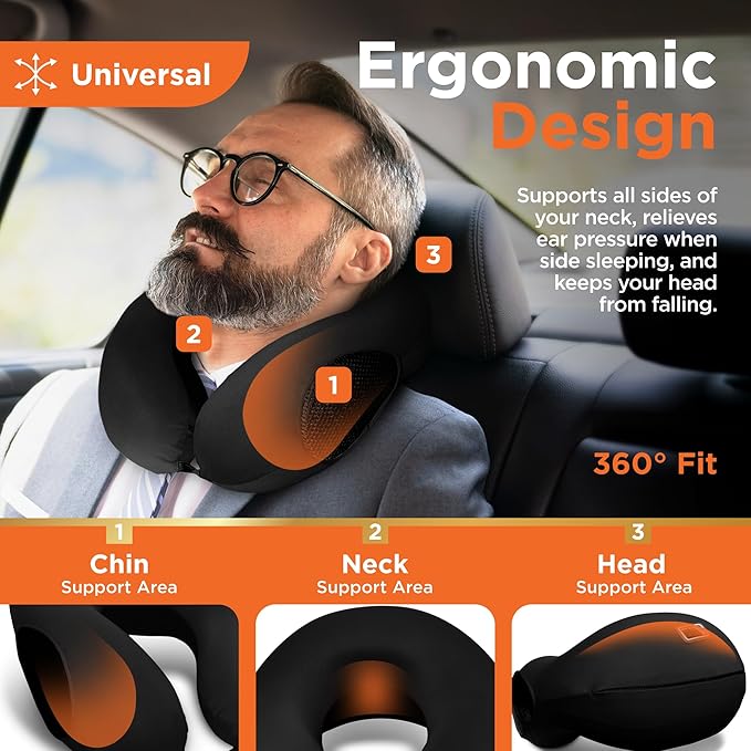 BLACK+DECKER Memory Foam Travel Neck Pillow Travel Pillow for Plane, Car & Train| Ice Silk Cooling Fabric, Ergonomic Design, Neck Support, Washable Cover,Black