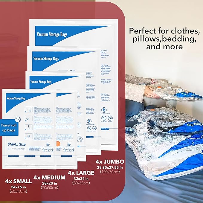 Vacuum Storage Bags 20 Combo (4 Jumbo/4Large/4 Medium/4 Small/4 Roll), Plastic Packaging Bags,Space Saver Sealer Bags for Clothes, Pillows, Comforters, Blankets, Bedding