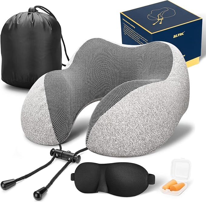 MLVOC Travel Pillow 100% Pure Memory Foam Neck Pillow, Comfortable & Breathable Cover, Machine Washable, Airplane Travel Kit with 3D Sleep Mask, Earplugs, and Luxury Bag,Standard (Grey)
