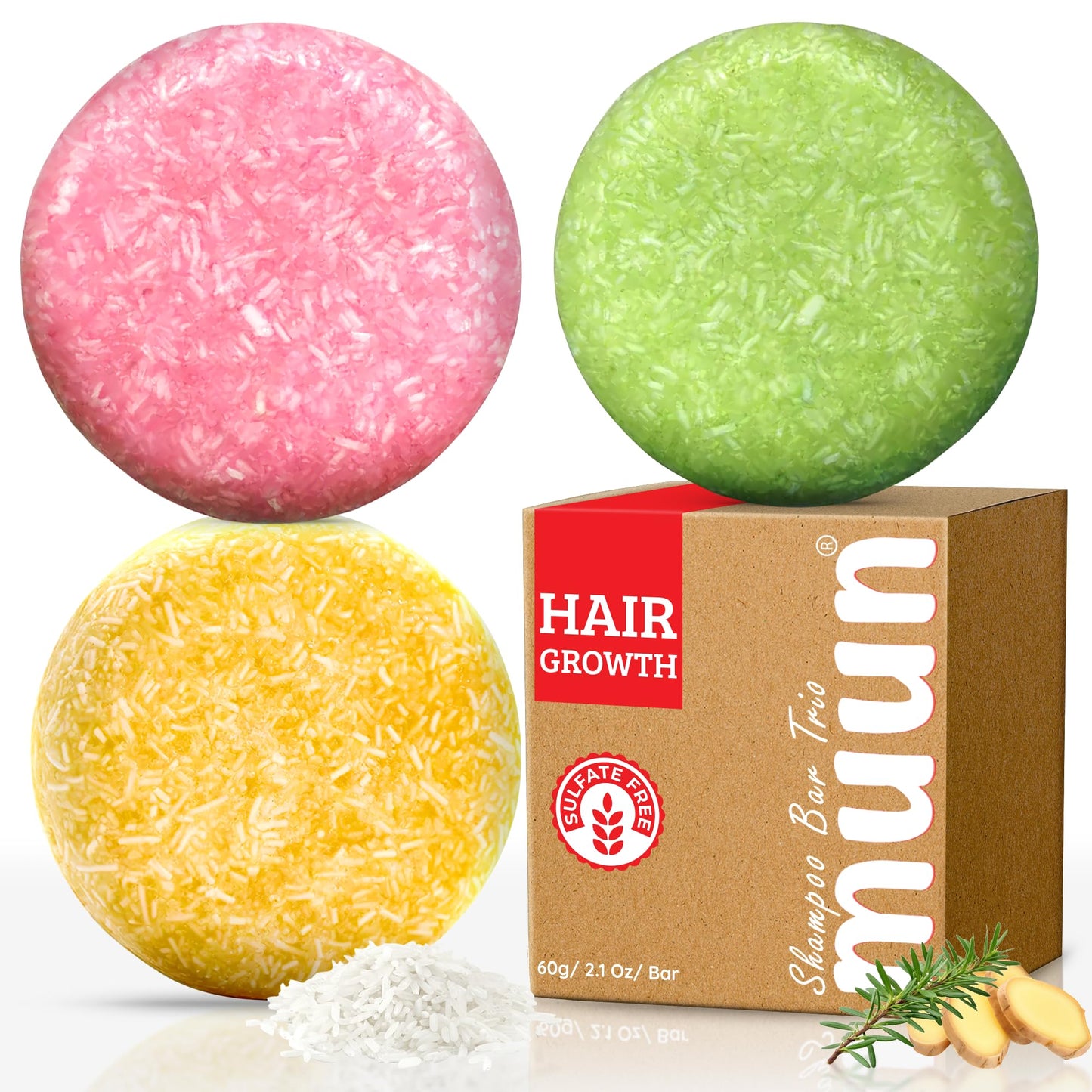 Ginger Rosemary & Rice Water Shampoo Bar Pack 3 - Hair Growth, Thickening, Strengthening, Anti Hair Loss, Volumize & pH Balanced - Sulfate & Silicone Free For All Hair Type