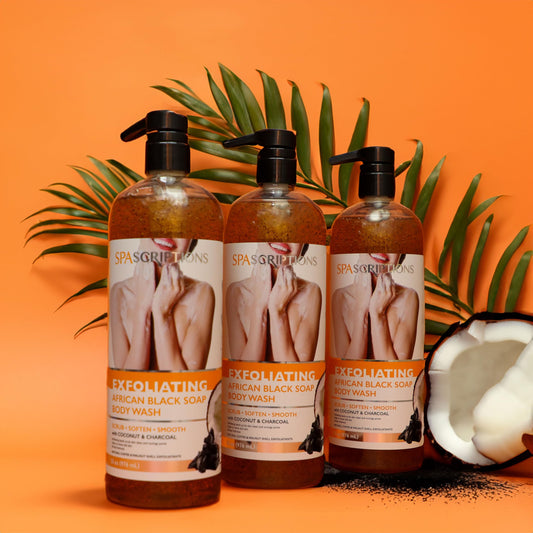 SpaScriptions Exfoliating African Black Soap Body Wash with Coconut & Charcoal (33 fl oz) Body Scrub with Natural Coffee & Walnut Shell Exfoliants, Nourishing Body Care for Women and Men, Cruelty Free