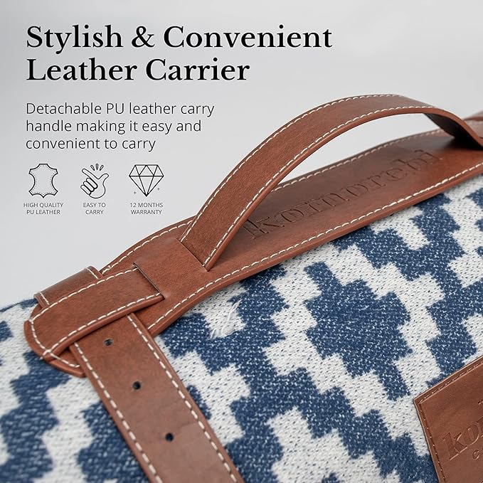 Komorebi Extra Large Picnic Blanket - 78” x 59” - Waterproof Outdoor Blanket, Foldable & Portable Sandproof Beach Blanket - Blue Travel Mat with Soft Cotton & Carry Handle