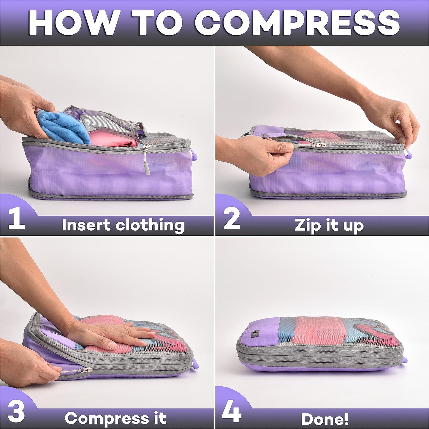 12 Pc Set Compression Packing Cubes - WONGLE His and Hers Family Travel Organizer Compressible Packing Cubes for Suitcases, Luggage Organizer Bags, Travel Accessories, Shoe Bag (Purple/Grey)