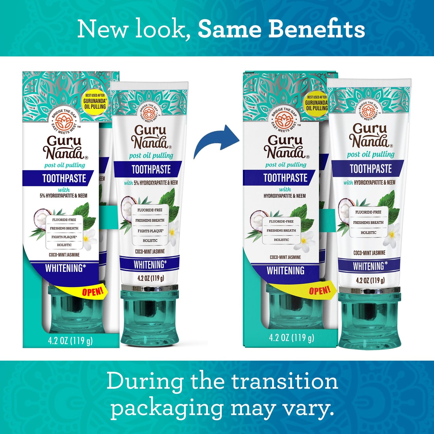 GuruNanda Hydroxyapatite Toothpaste, SLS & Fluoride Free, Whitening Toothpaste - Freshens Breath, Fights Plaque - Natural CocoMint Jasmine Neem, 4.2oz