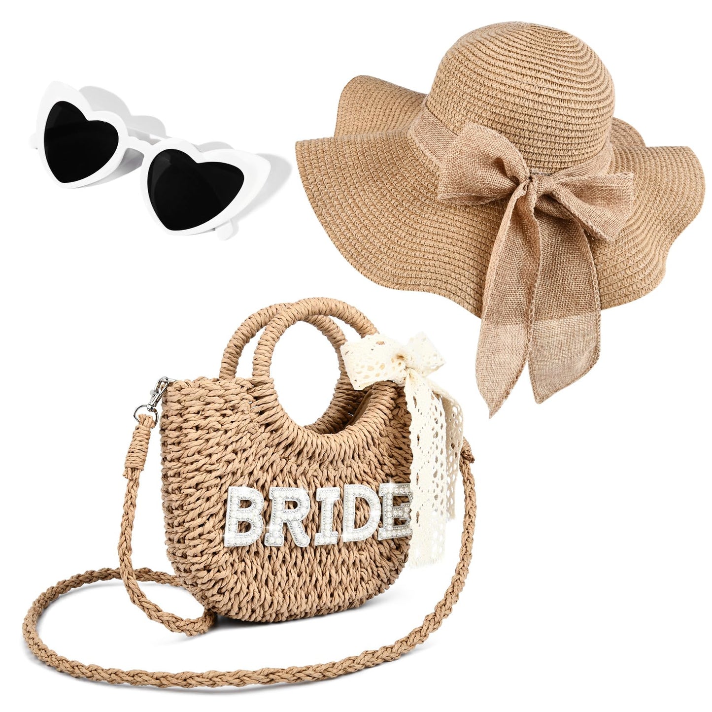KUIRAN Bride Bag Bride Gift Set Straw Beach Bag Purse Handwoven Tote Bag with Rhinestone Letters Bachelorette Pary Gift Honeymoon Wedding Bridal Shower