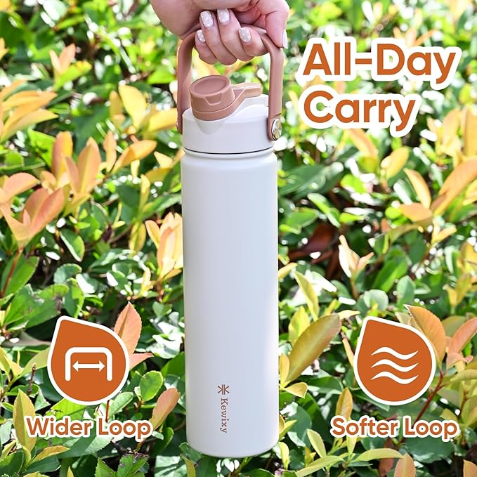 24 oz Insulated Water Bottle, 2-in-1 Lid, Straw & Spout with Protected, Leak Proof, Keep Cold, Stainless Steel, Metal, Reusable, Handle, for Travel, Gym and School, 2 Lids, Mousse