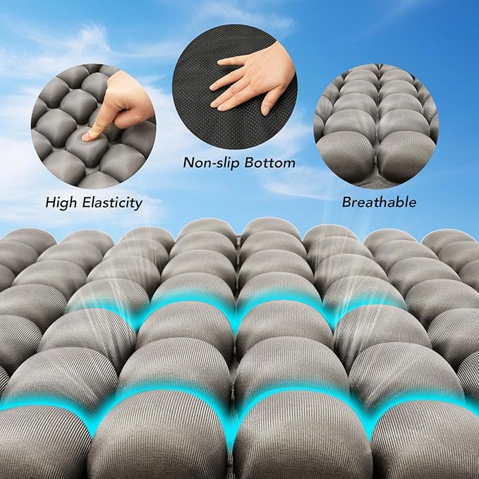 Air Inflatable Travel Seat Cushion, Portable Breathable Comfort Cushion, 56 Air Bubble Design for Airplane, Car, Office Chairs & Home Living – Lightweight & Ergonomic Support,18” x 16” (Grey)