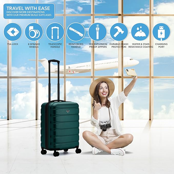 Carry On Suitcase Hardside TSA Lock & USB Port Silent Double Spinner Wheels Maximum Overhead Carry-On Bag Approved For Many Airlines( 22x18x10" ,Forest Green )