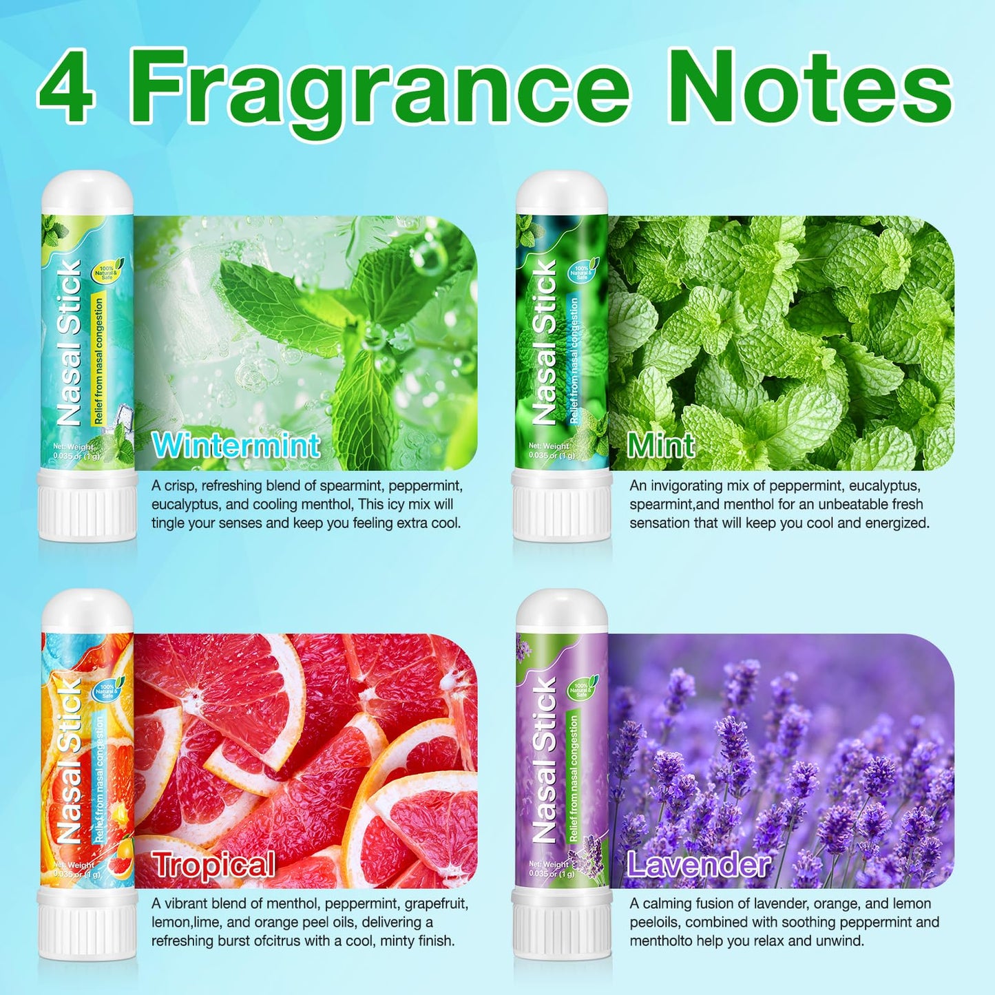 Nasal Stick | Nasal Inhaler Stick | Vapor Flow Technology | Cool Refreshing Sensation | Natural Mood Boost | Simple Ingredients | Essential Oils + Menthol Inhaler (Mint,Wintermint, Tropical, Lavender)