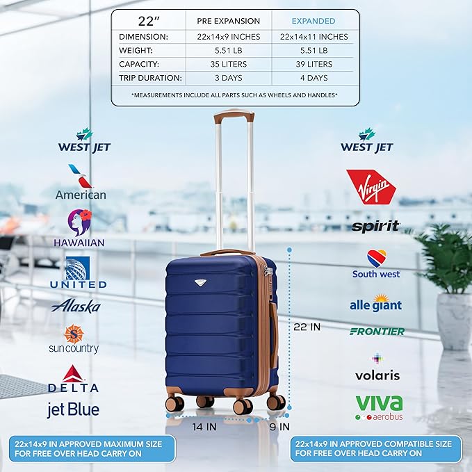 Carry On Suitcase Hardside Built In TSA Lock & USB Port Silent Double Spinner Wheels Maximum Overhead Carry-On Bag For American & United Approved Airlines( 22x14x9" ,Navy/Tan )