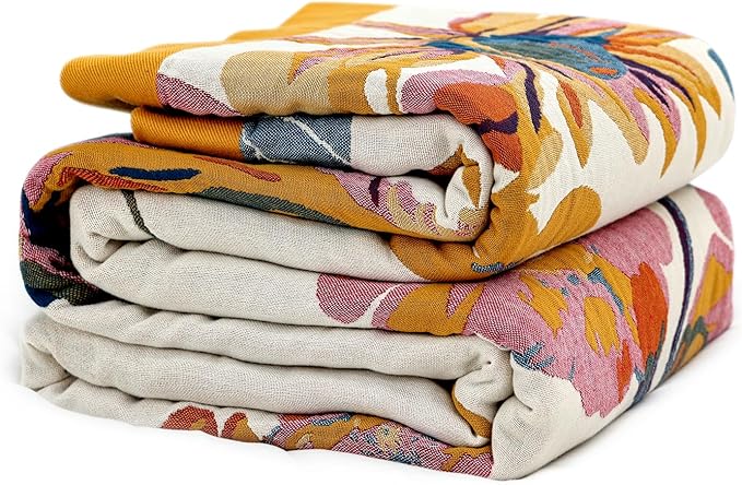 Boho Throw Blanket for Couch 100% Cotton Ultra Soft Rustic Quilt Butterfly and Floral Double Embroidery Fall Throw Blanket,50" x 60" All Season Throws for Sofa Chair