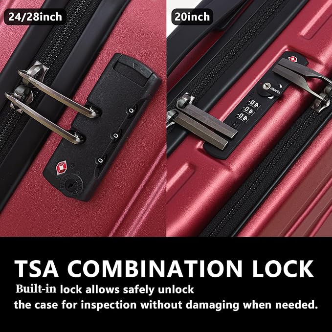3Pcs (20/24/28) Luggage Set, HardShell Lightweight, Only 20" with Front Pocket, 21.65*15.35*7.87" Fits Overhead Cabin, 24" (26*17.7*10.2") and 28" (19.68*11.81*29.92") Checked Luggage, Red