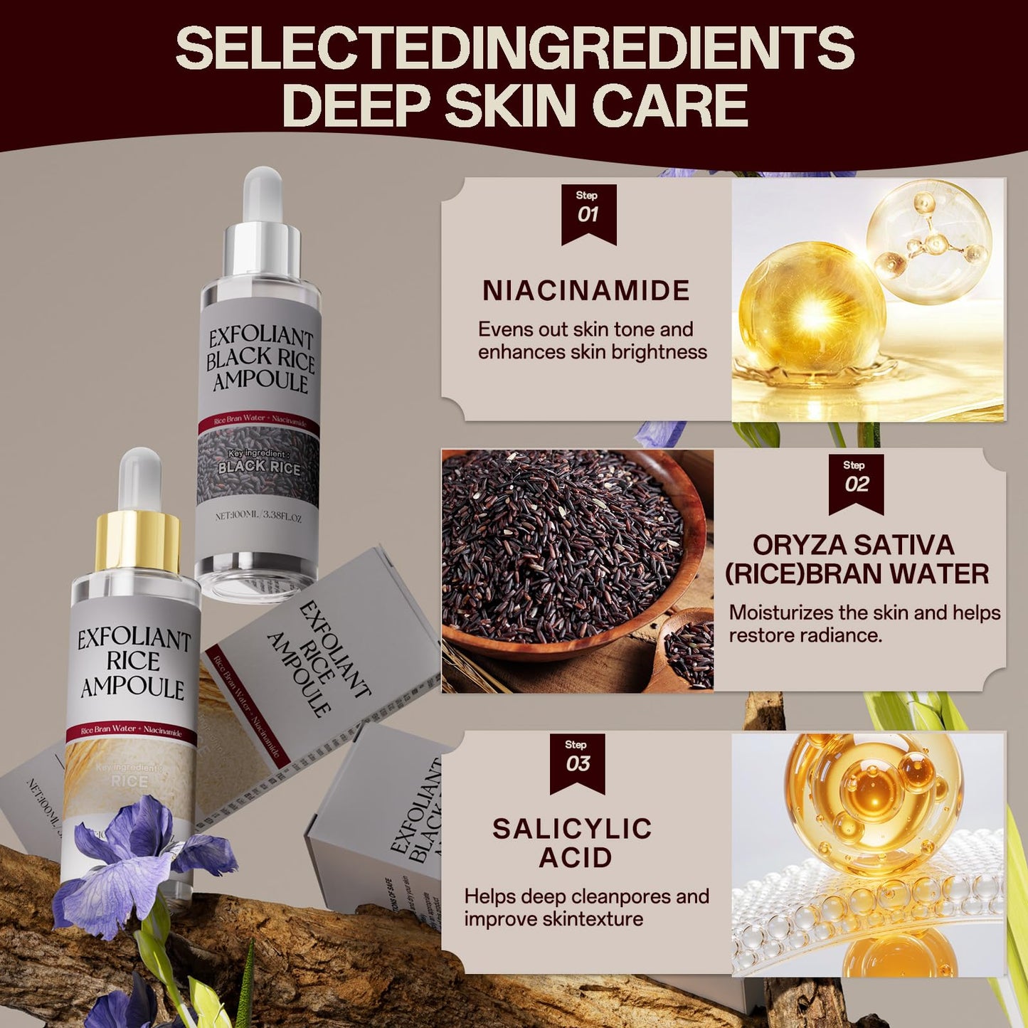 2-Pack Black & White Rice Exfoliating Ampoule, Gentle Rice Peel Facial & Body Treatment, Korean Skincare for All Skin Types with Dual Rice Enzymes