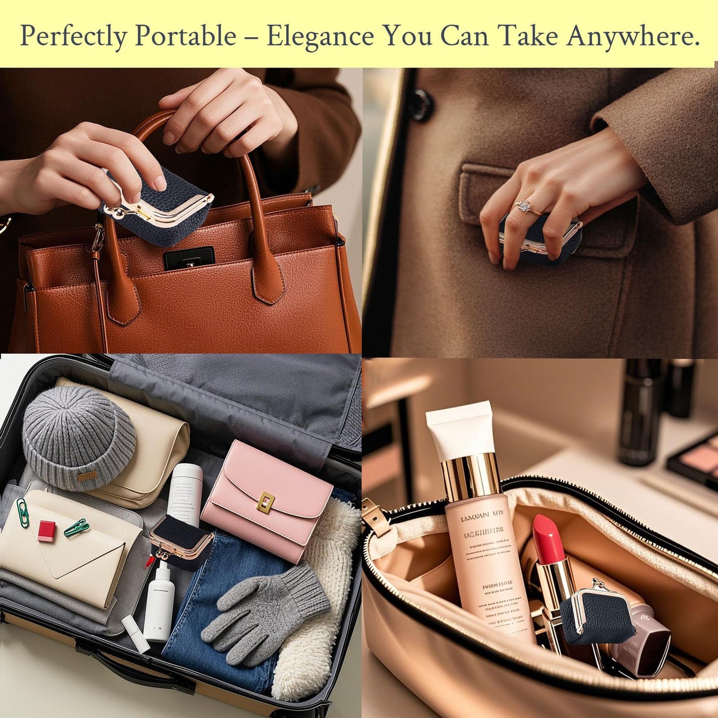 FURZART Genuine Leather Jewelry Travel Case Mini Portable Organizer with Kiss Lock & Anti-Tip Design, Stable Small Jewelry Box for Earrings, Rings, Coin Purse for Travel (2.55x1.77 Inch, Pink)