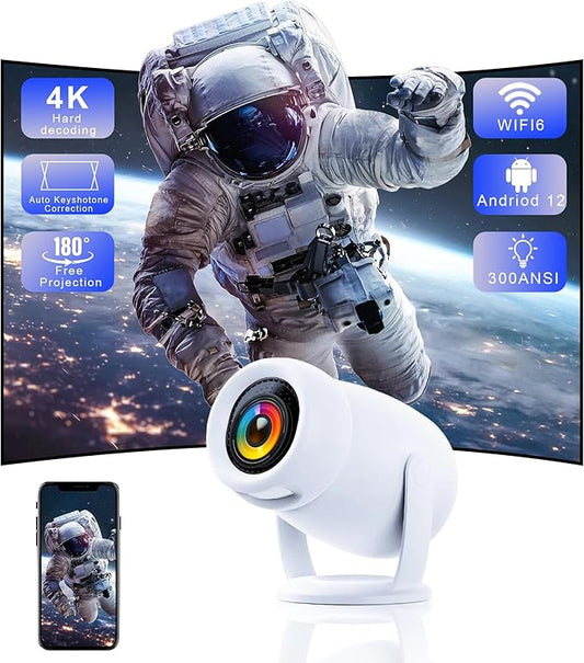 180°Mini Smart Portable Projector 4k with WiFi and Bluetooth for iphone,300ANSI Bedroom Ceiling Projector with Apps 1080P Home/Outdoor Projector for Video Game Console/PC/Laptop