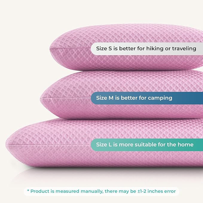 Travel Pillow Memory Foam Pillows, Camping Pillow-Compressible Medium Firm, Breathable Cover, Ideal Backpacking Hiking, Bed Pillows, Airplane and Car (Apricot Pink, S)