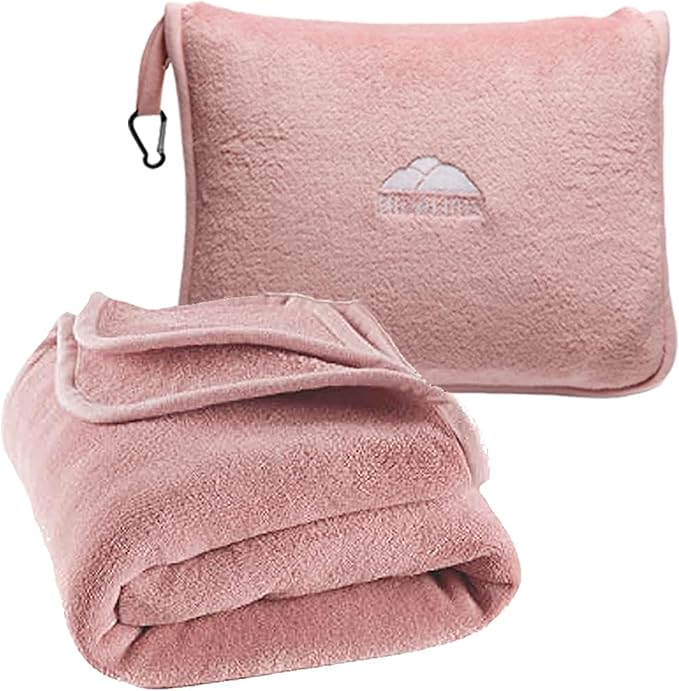 BlueHills Premium Soft Long Travel Blanket Pillow for Tall Airplane Flight Blanket 70 X48 inch Throw in Soft Bag case with Backpack Clip Compact Large Plane 2 in 1 Combo Pink T055