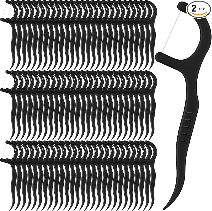 Baderke 200 Count Floss Picks Bulk Non Breakable Tooth Picks Flosser Dental Floss Sticks for Adults Teeth Cleaning Dental Flossers for Family Pack Travel(Black)