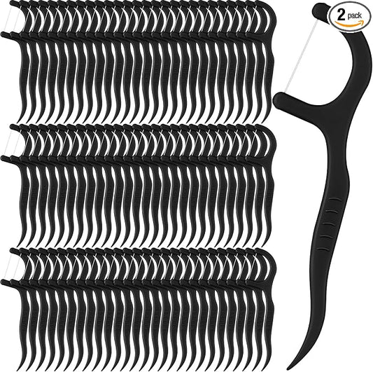 Baderke 200 Count Floss Picks Bulk Non Breakable Tooth Picks Flosser Dental Floss Sticks for Adults Teeth Cleaning Dental Flossers for Family Pack Travel(Black)