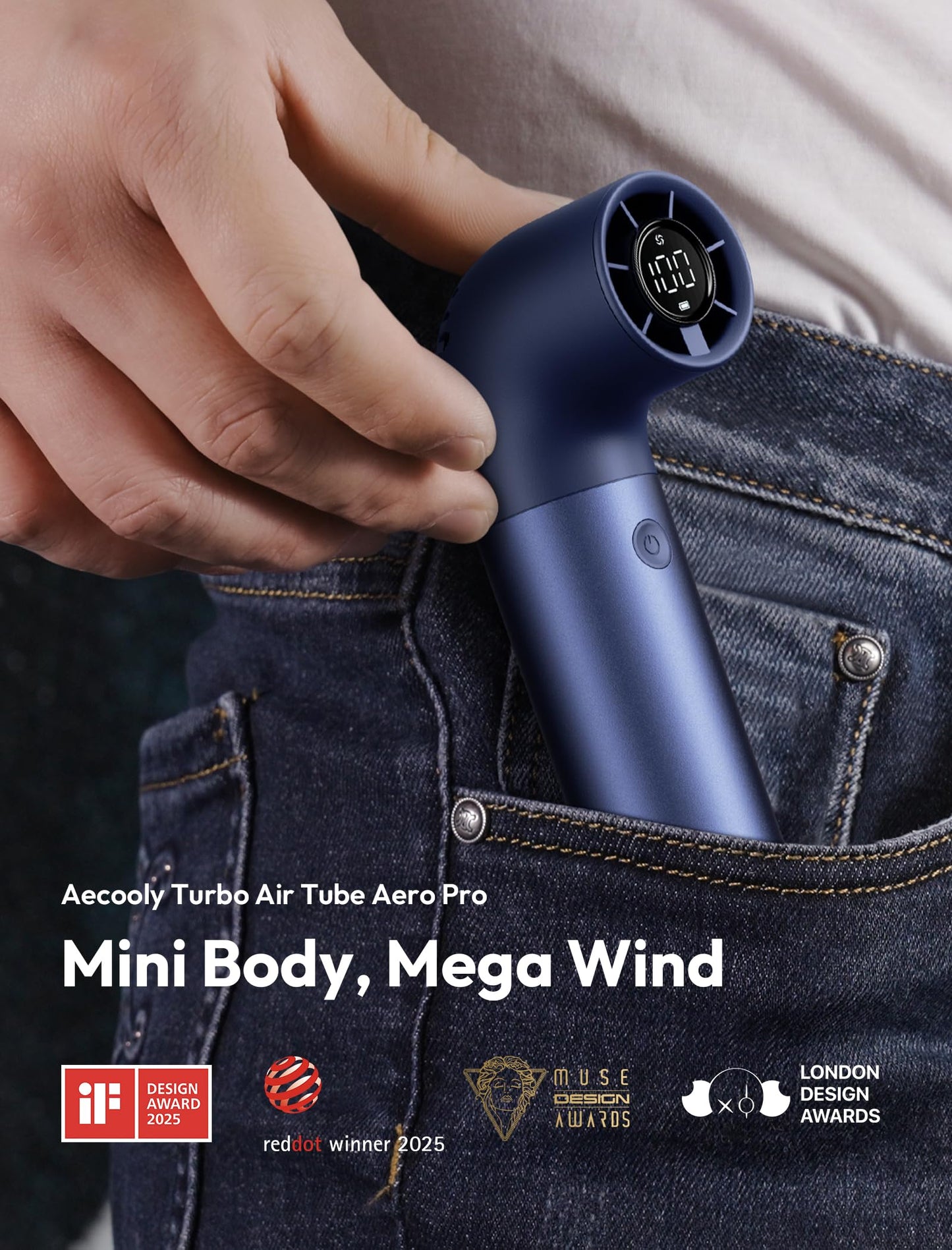 Aecooly Portable Handheld Fan, Powerful Turbo Air Tube Fan, 19000 RPM High Speed Aero Pro, 15H Max Cooling Time, 6 Speeds Aluminum Case, Mini Pocket Design, for Travel Beach Outdoor Activities -Blue