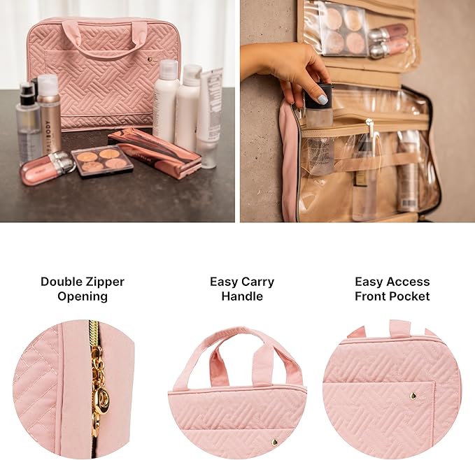 Carrywell |Not Made In China| Hanging Toiletry Travel Bag For Women, Makeup Organizer Case, Water-Resistant Cosmetic Bag For Full-size Containers, Toiletries (Pink, Large)