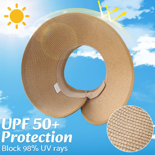 NPQQUAN Sun Visor Hats for Women Wide Brim Ponytail Straw Beach Hat Packable Foldable UPF 50+ Floppy Travel Hats Khaki