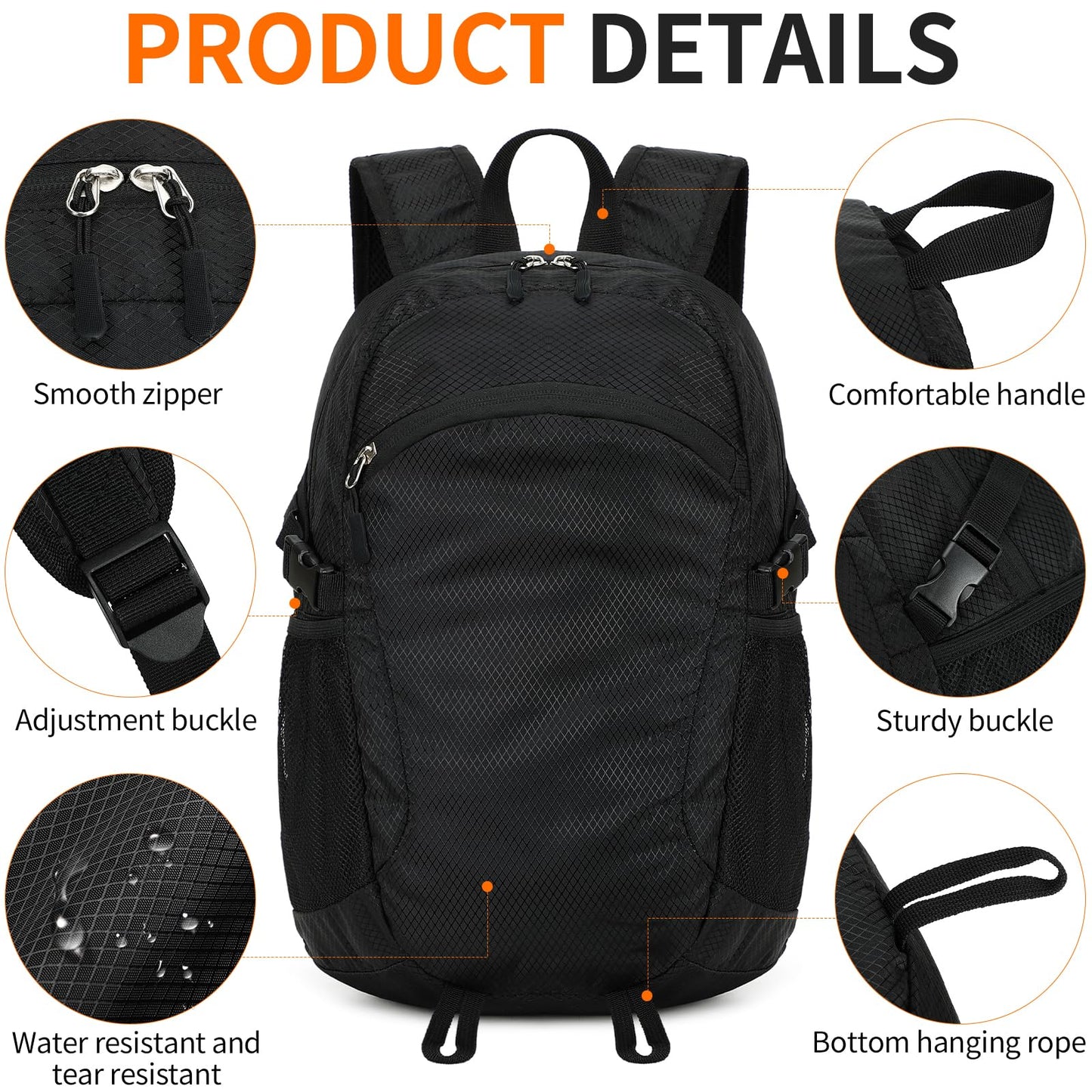 SFIUYDS Small Hiking Daypack,15L Water-Resistant Hiking Backpack Packable Lightweight Travel Day Pack for Women Men (Black, Small)