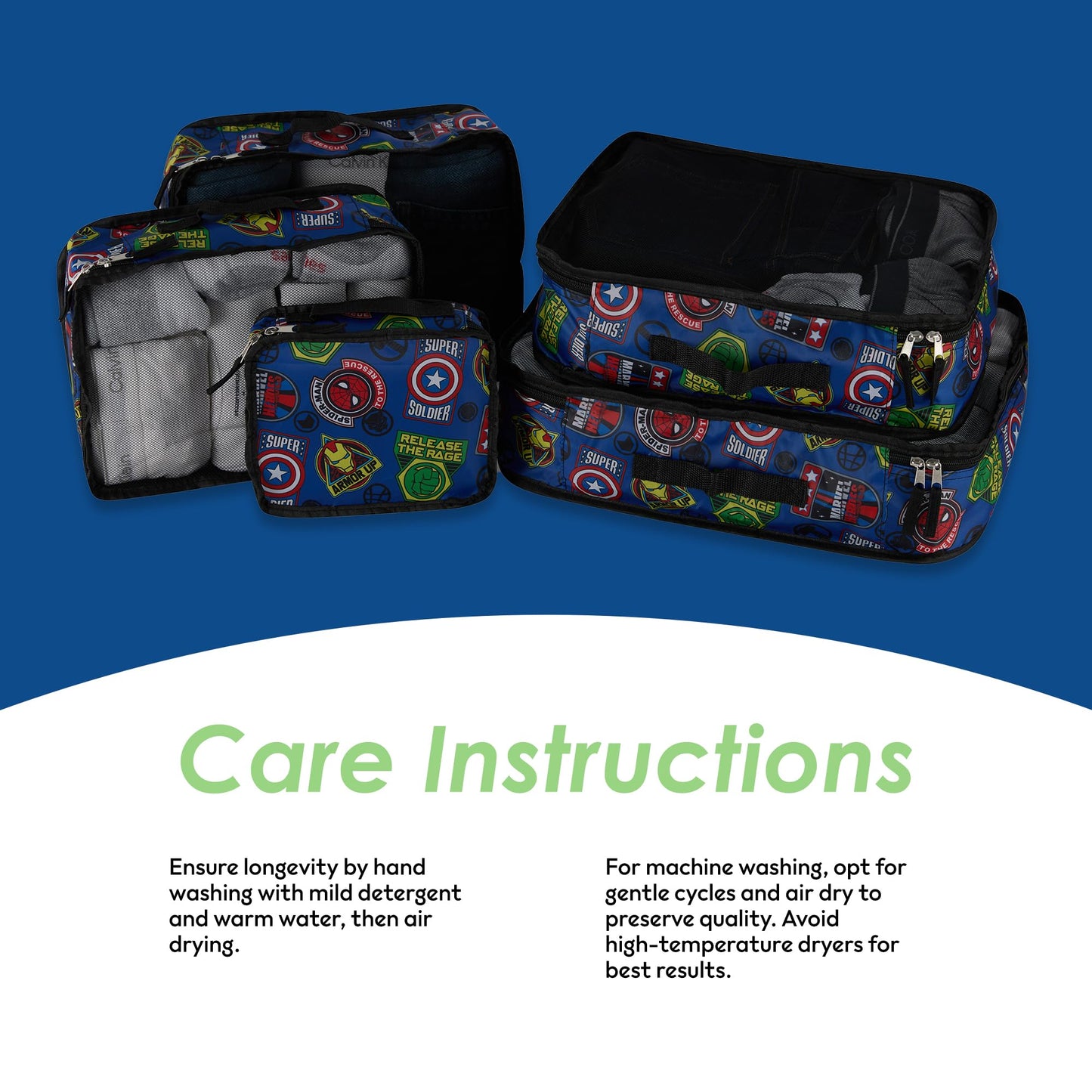 Marvel Comics 5-Piece Packing Cube Set - Spiderman, Ironman, Captain America - 5 Piece Packing Cubes Compression Travel Essential Accessories - Luggage Suitcase Organizer Set - For Kids, Adults