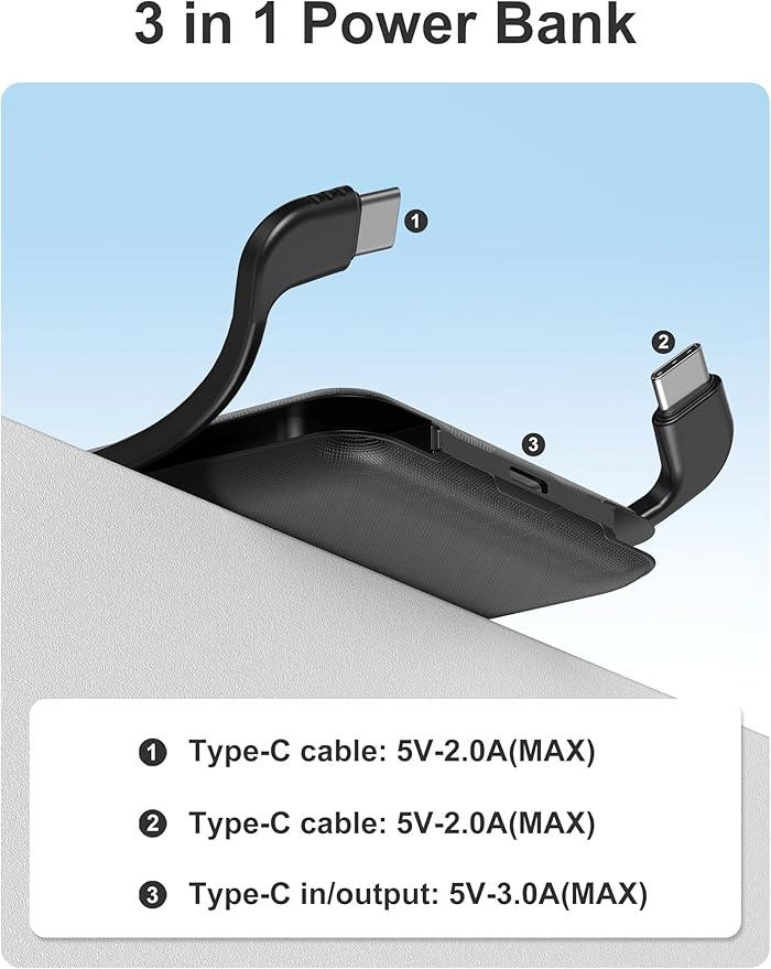 10000mAh Compatible with iPhone 15/16/17 (Only) Slim Portable Charger with Built in Cable, Power Bank Travel Charger External Battery Pack for Phone, 3 Output USB Type C Cord, 2 Pack Black & White