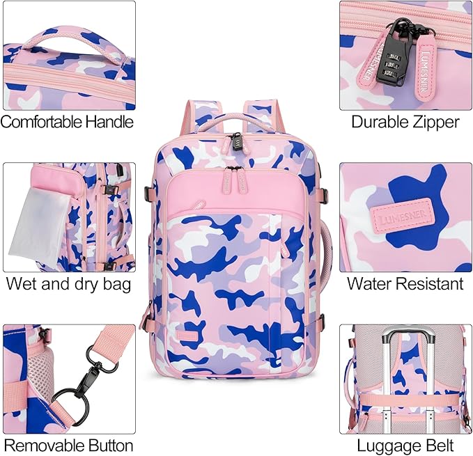 Carry on Travel Backpacks, Extra Large 40L Flight Approved Bag for Men & Women,Expandable Suitcase Backpack With 4 Packing Cubes,Water Resistant Luggage Daypack Business Weekender Bag,Camouflage Pink