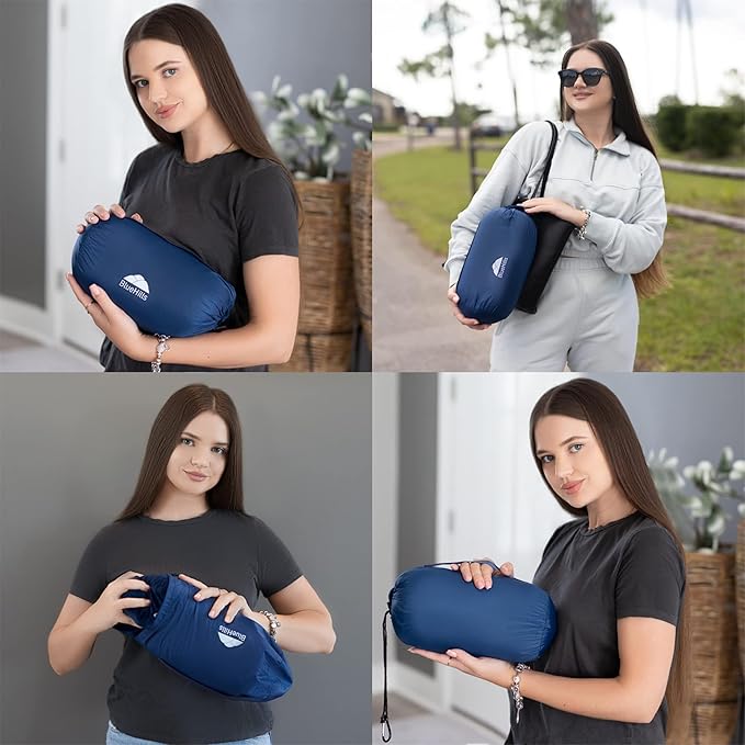 BlueHills Ultra Compact Travel Blanket Pillow in Portable Bag Case with Hand Luggage Belt & Backpack Clip Premium Cozy Soft Compact Pack Large Blanket for Airplane Flight Layover - Navy Blue C001
