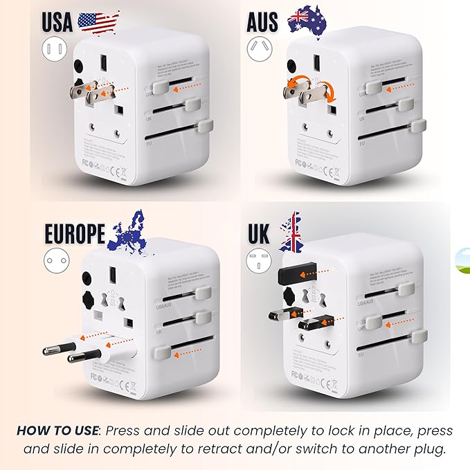 6 in 1 Universal Travel Adapter-10A | International Power Adapter with 3 USB C, 2 USB A Ports | 2500W Fast Portable Charger | Travel Adapter Worldwide Covering 200+ Countries- White