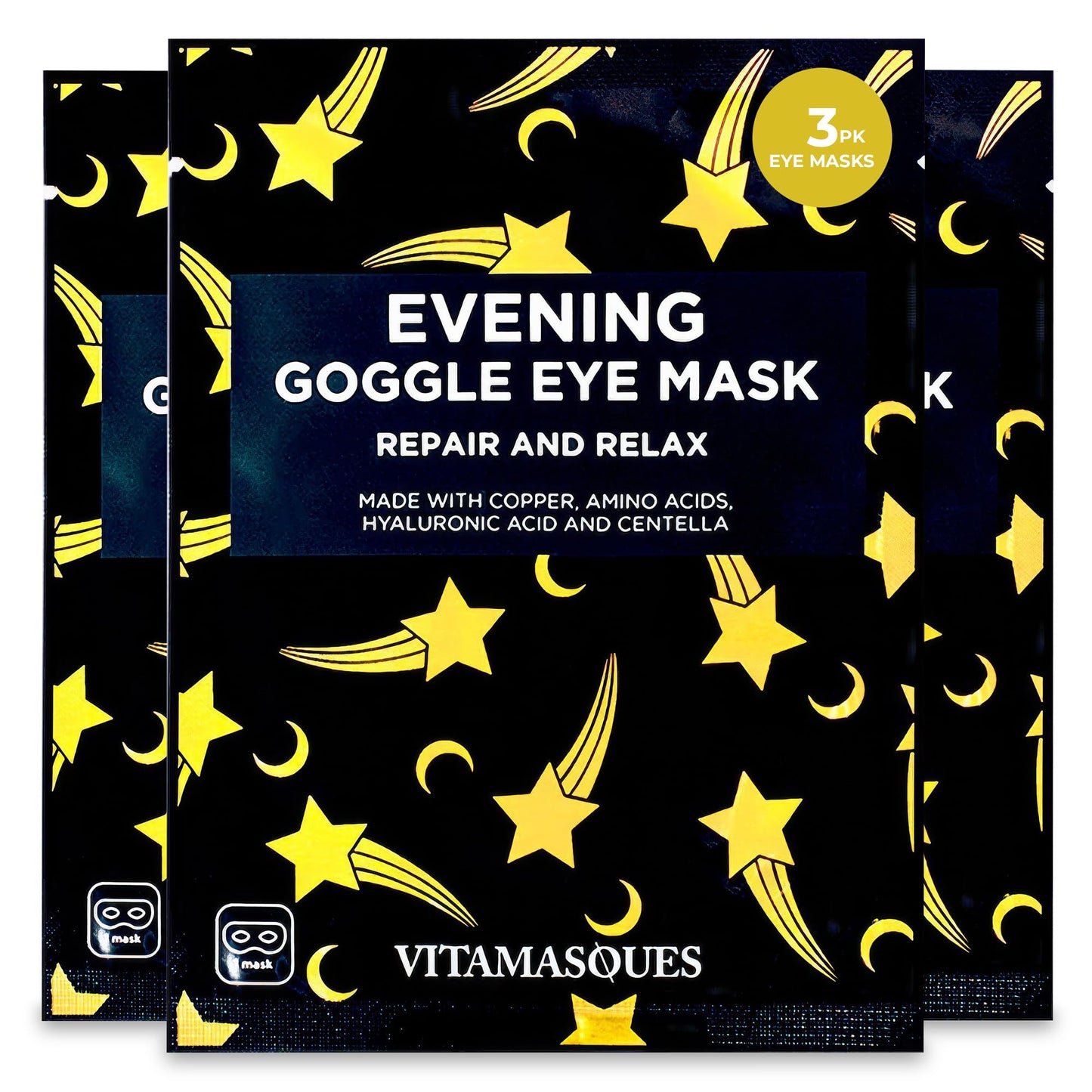 Vitamasques Under Eye Mask, 3-Pack Ultra-Revitalizing Goggle Mask, Korean Skin Care, Hydrates & Smooths Fine Lines & Tired Looking Under Eyes - Hyaluronic Acid & Centella