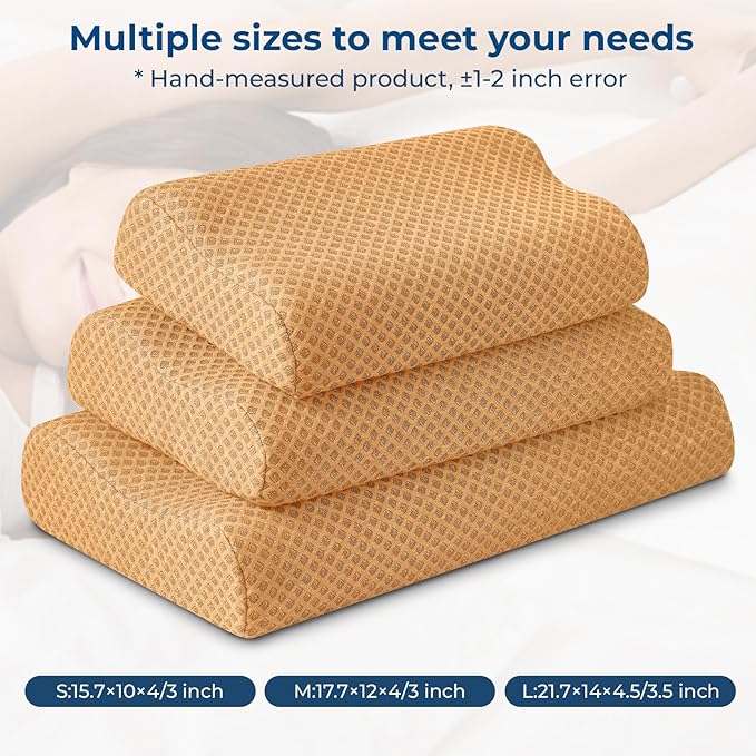 Travel Pillow Memory Foam Pillows, Ergonomic Wave Cervical Neck Pillow for Neck Pain Relief, Compressible Medium Firm Side Sleeper Pillow, Ideal for Camping, Office, Home & Bed (Orange, L)