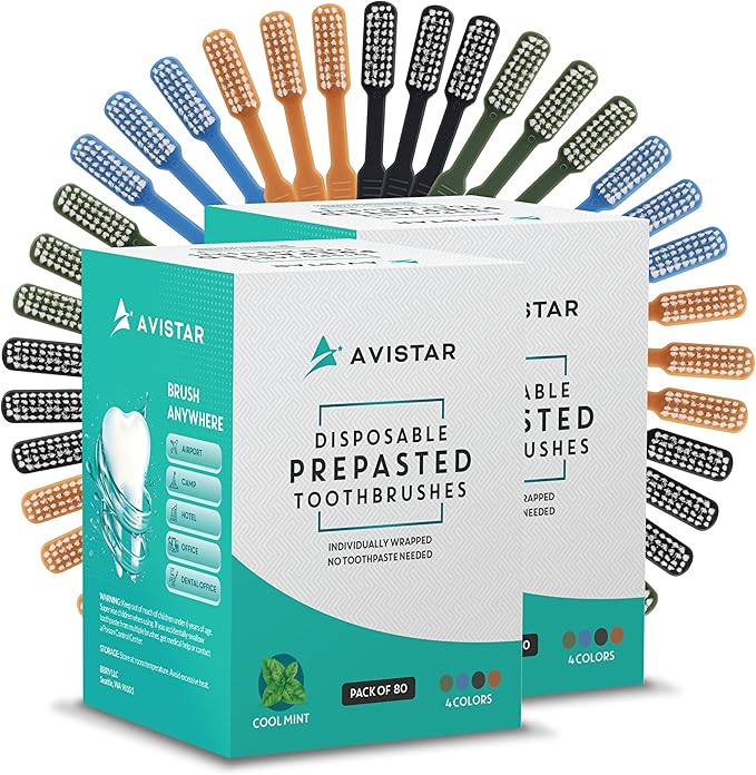 Avistar 160 Prepasted Disposable Toothbrushes Individually Wrapped - Single Use Pre Pasted Disposable Toothbrushes with Toothpaste Built in - Waterless Toothbrush for Travel, Guests, Hotel, & Camping