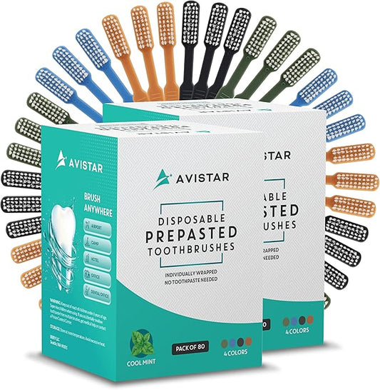 Avistar 160 Prepasted Disposable Toothbrushes Individually Wrapped - Single Use Pre Pasted Disposable Toothbrushes with Toothpaste Built in - Waterless Toothbrush for Travel, Guests, Hotel, & Camping