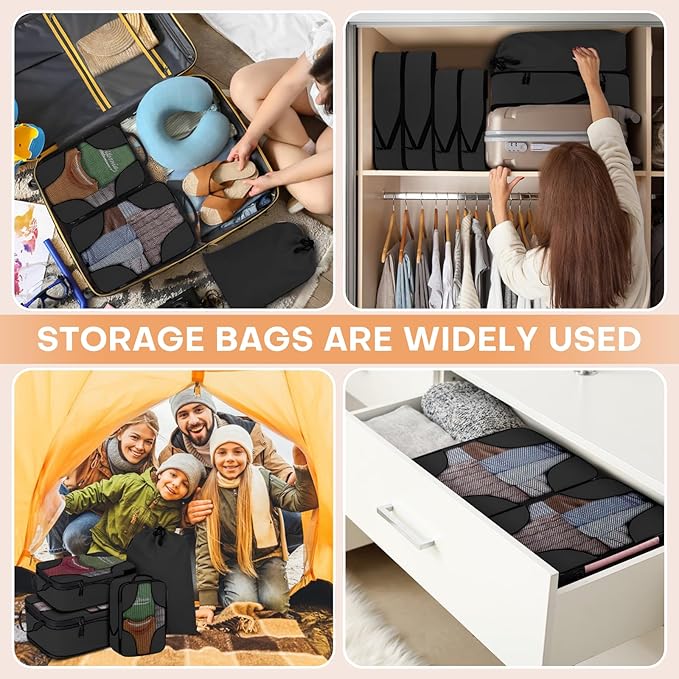 6 Set Compression Packing Cubes Bags for Travel Women, Compression Bags Organizer for Packing Luggage Space Saving, Suitcase Organizer Bags Set for Travel Essentials - Black