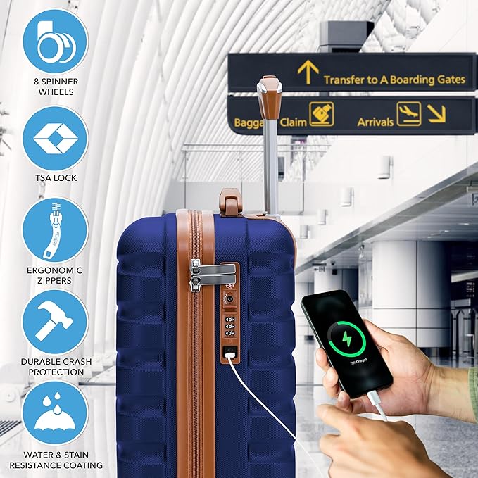 Carry On Suitcase Hardside Built In TSA Lock & USB Port Silent Double Spinner Wheels Maximum Underseat Carry-On Bag For American & United Approved Airlines( 18x14x8" ,Navy/Tan )