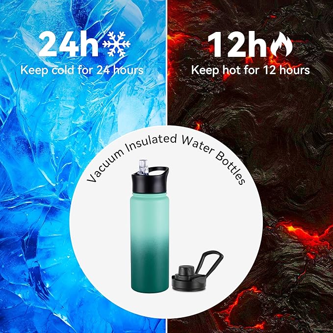 16 oz Insulated Water Bottle with Straw Lids, Stainless Steel Kids Water Bottles for School, Double Wall Vacuum Metal Water Bottle with Straw & Wide Mouth Lid, Gradient Green 4 Pack