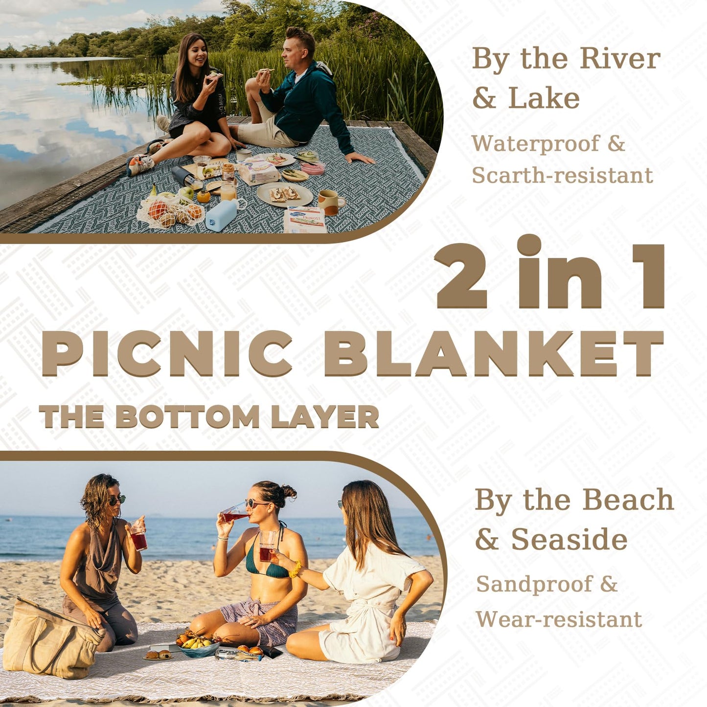 Genovega 2 in 1 Extra Large 80"* 80" Rug Picnic Waterproof Outdoor Beach Blanket Foldable Camping Mat Summer Camp Equipment Honeymoon Stuff Hawaii Essentials Hunting Accessories Car Set Women Gifts