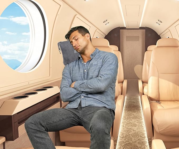 BlueHills Premium Soft Long Travel Blanket Pillow for Tall Airplane Flight Blanket Throw in Soft Bag case with Hand Luggage Belt & Backpack Clip Compact Pack Large Grey Gray T052