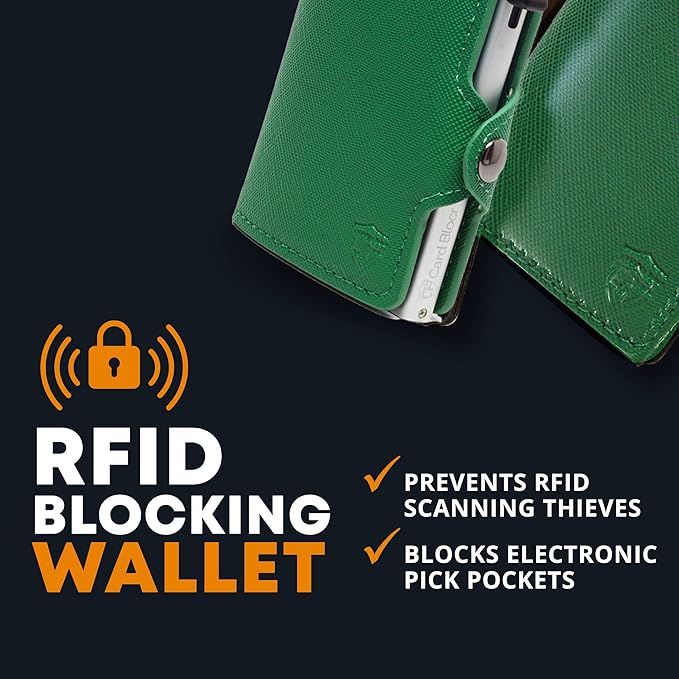 Card Blocr Womens Slim Wallet for Small Purses, Pop Up Wallet with Anti Theft RFID Blocking Credit Card Holder for Women in Green PU Saffiano Leather