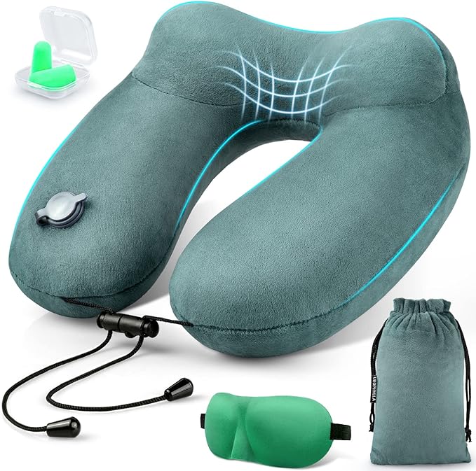 urophylla Compact Travel Neck Pillow for Airplanes, Super Soft Velvet Neck Support, Adjustable Firmness, Inflatable Plane Pillow for Long Flights, Road Trips, Travel Essentials with Eye Mask, Earplug