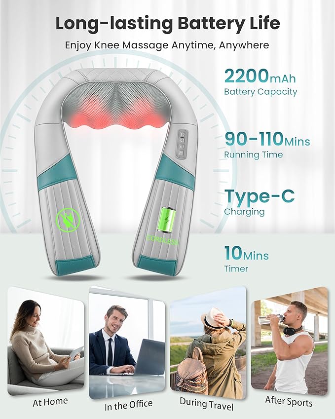 Cordless Neck Massager with Heat, Shiatsu Neck Back Massager for Pain Relief Deep Tissue, Rechargeable 4D Knead Shoulder Massager Pillow, with Portable Carry Bag, Gifts for Mom, Dad