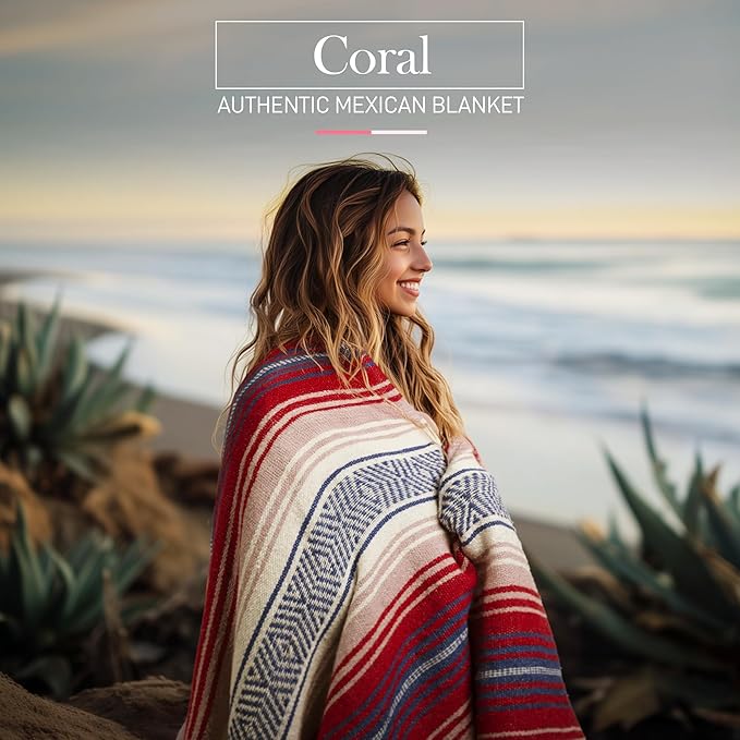 Authentic Mexican Serape Blanket - Soft & Durable - Lightweight Falsa - Coral, 70"x50"