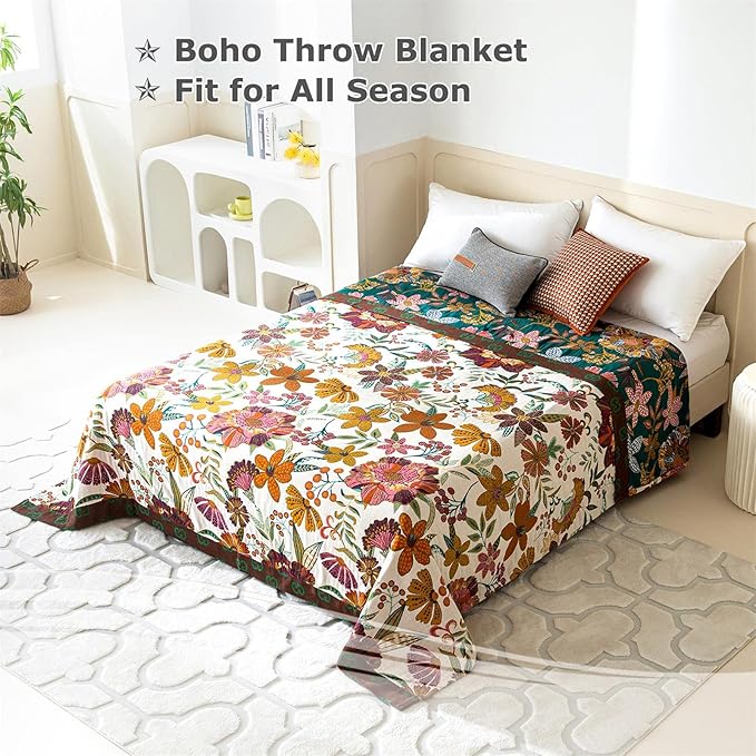 Boho Throw Blanket for Bed 100% Cotton Ultra Soft Rustic Quilt Fall Blanket Floral Printed Farmhouse Decor Bed Blankets,80"×90" All Season Rustic Throw for Sofa Couch Chair