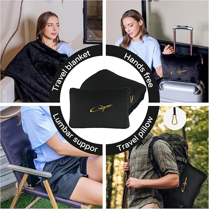 Travel Blanket & Pillow Set, 300 GSM Soft Fleece, 60x43 Inches, 3-in-1 Airplane Blanket, Travel Pillow and Blanket Set, Travel Blanket Airplane Compact with Bag, Travel Essentials, Black