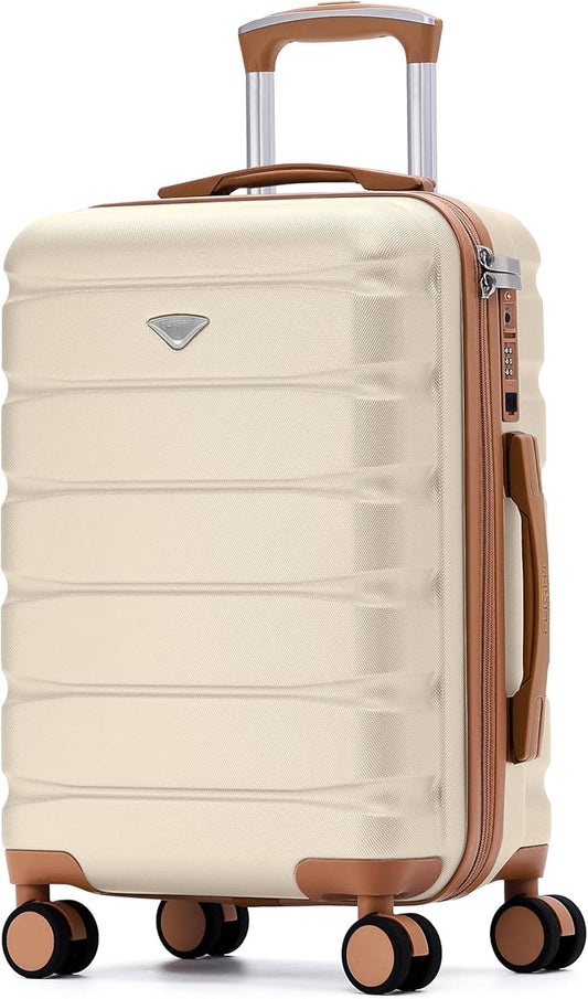 Carry On Suitcase Hardside Built In TSA Lock & USB Port Silent Double Spinner Wheels Maximum Overhead Carry-On Bag For American & United Approved Airlines(22x14x9,Cream/Tan)
